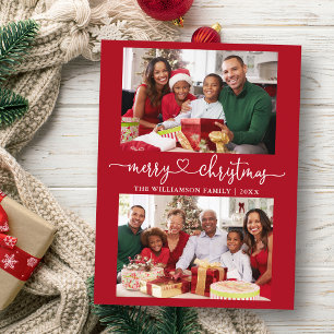 Calligraphy Heart Merry Christmas Red 2 Photo Postcard