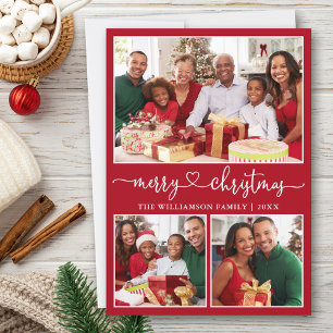 Calligraphy Heart Merry Christmas Red 3 Photo Holiday Card