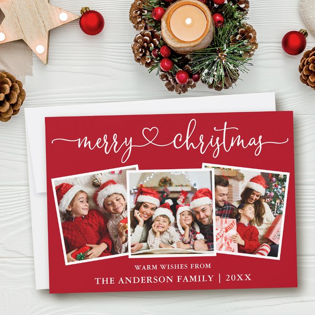 Calligraphy Heart Merry Christmas Red 3 Photo Holiday Card (Customize to add text to back of card or to change background color of card.)