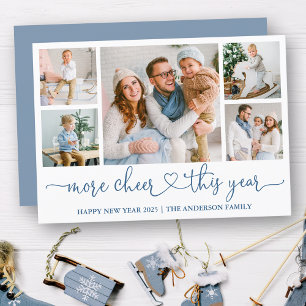 Calligraphy Heart More Cheer 5 Photos Dusty Blue Holiday Card