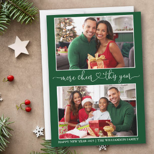 Calligraphy Heart More Cheer Green 2 Photo Holiday Card