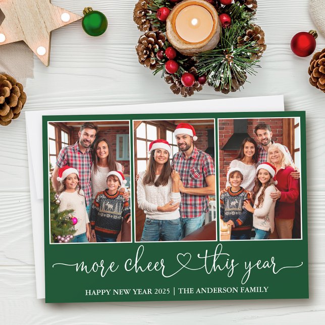 Calligraphy Heart More Cheer Green 3 Photo  Holiday Card (Customize to add text to back of card.)