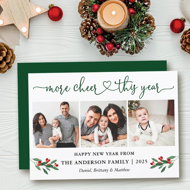 Calligraphy Heart More Cheer Holly 3 Photo Holiday Card (Customize to add text to back of card.)