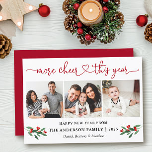 Calligraphy Heart More Cheer Holly 3 Photo Red Holiday Card