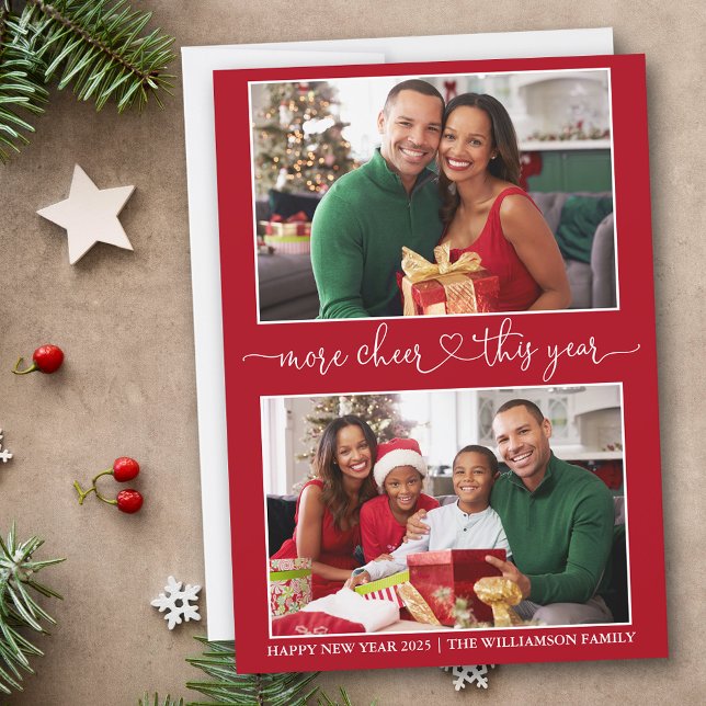 Calligraphy Heart More Cheer Red 2 Photo Holiday Card (Customize to add text to back of card.)