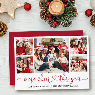 Calligraphy Heart More Cheer This Year 5 Photo Red Holiday Card