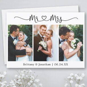 Calligraphy Heart Mr. and Mrs. 3 Photo Wedding Thank You Card