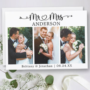 Calligraphy Heart Mr. and Mrs. 3 Photo Wedding Thank You Card