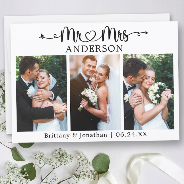 Calligraphy Heart Mr. and Mrs. 3 Photo Wedding Thank You Card (Customize to change your personalized text size or text style.)
