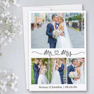 Calligraphy Heart Mr. and Mrs. 4 Photo Wedding Thank You Card