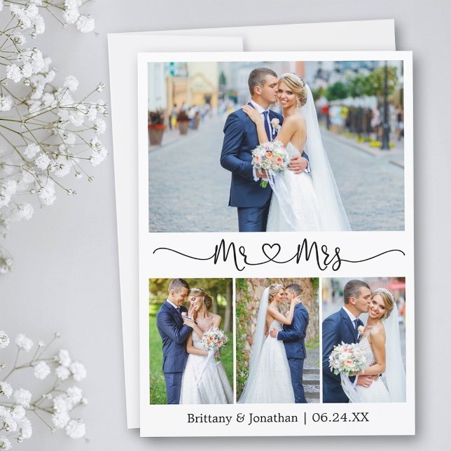 Calligraphy Heart Mr. and Mrs. 4 Photo Wedding Thank You Card (Customize to add text or more photos to back of card.)