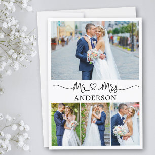 Calligraphy Heart Mr. and Mrs. 4 Photos Wedding Thank You Card