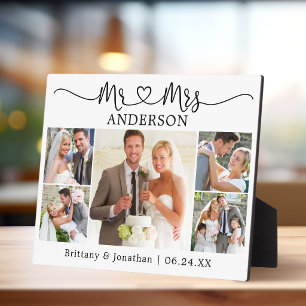 Calligraphy Heart Mr. and Mrs. 5 Photo Wedding Plaque