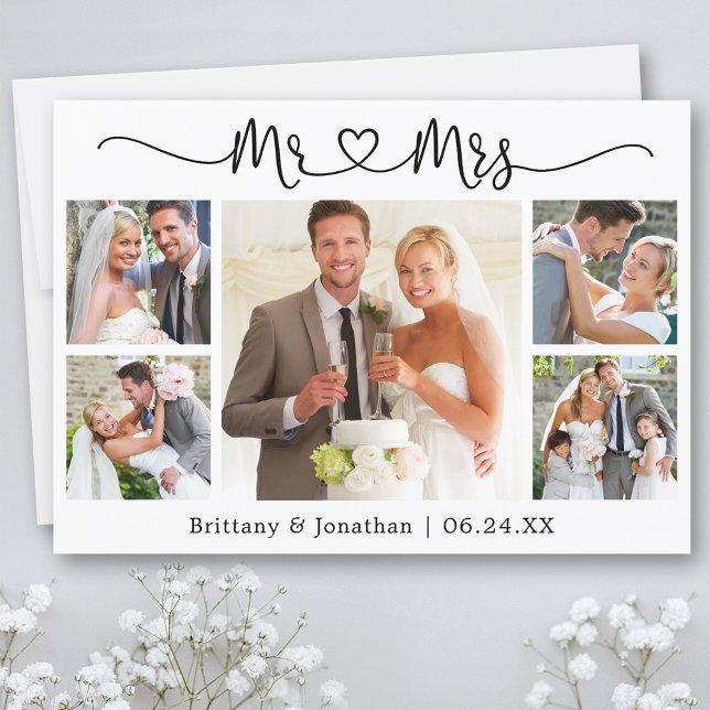 Calligraphy Heart Mr. and Mrs. 5 Photo Wedding Thank You Card (Customize to change your personalized text size or text style.)