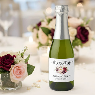 Calligraphy Heart Mr. and Mrs. Floral Wedding Mini Sparkling Wine Label