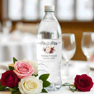 Calligraphy Heart Mr. and Mrs. Floral Wedding  Water Bottle Label