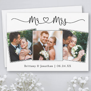 Calligraphy Heart Mr. and Mrs. Wedding 3 Photo Thank You Card