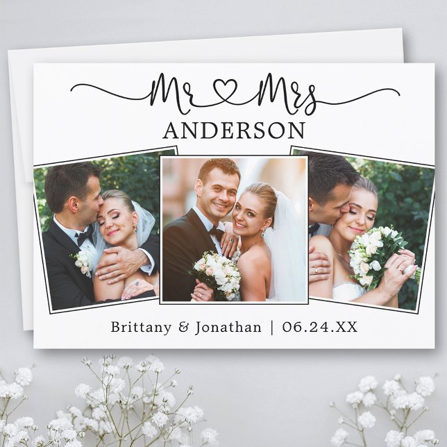 Calligraphy Heart Mr. and Mrs. Wedding 3 Photos  Thank You Card (Customize to change your personalized text size or text style.)