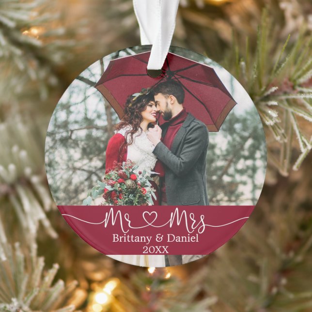 Calligraphy Heart Mr. and Mrs. Wedding Burgundy Ornament (Tree)