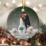 Calligraphy Heart Mr. and Mrs. Wedding Photo Ceramic Tree Decoration<br><div class="desc">Modern Minimalist Simple Calligraphy Script Mr. and Mrs. Heart Bride and Groom Wedding Photo Ornament</div>