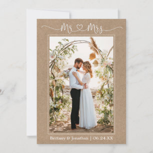 Calligraphy Heart Mr. and Mrs. Wedding Photo Kraft Thank You Card
