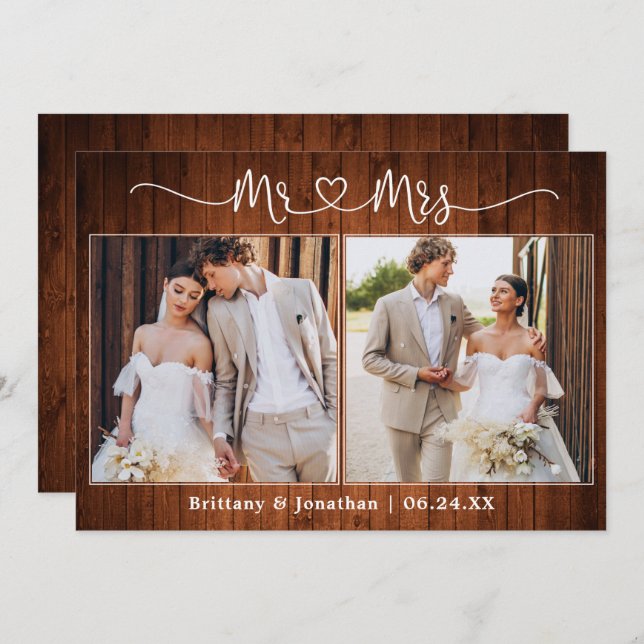  Calligraphy Heart Mr. Mrs. 2 Photo Wedding Wood Thank You Card (Front/Back)