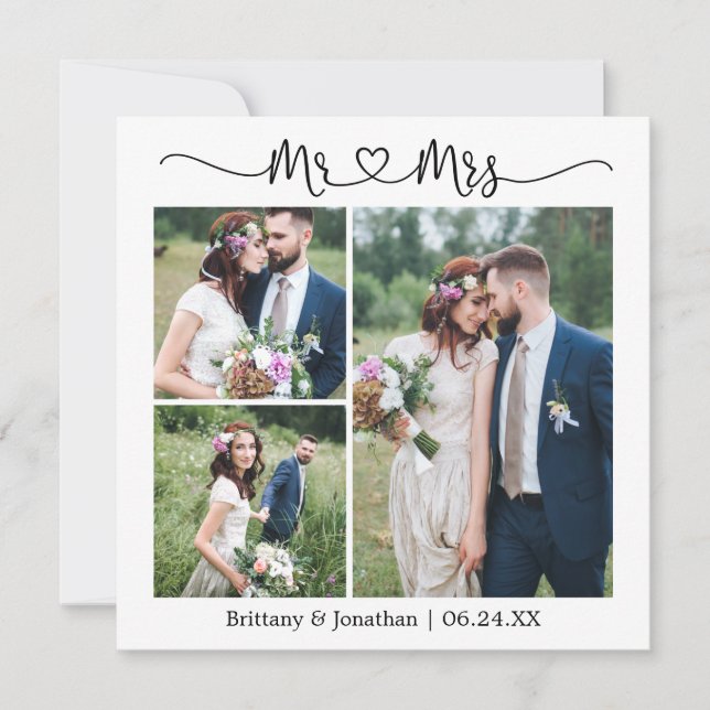 Calligraphy Heart Mr. Mrs. 3 Photo Wedding Square Thank You Card (Front)