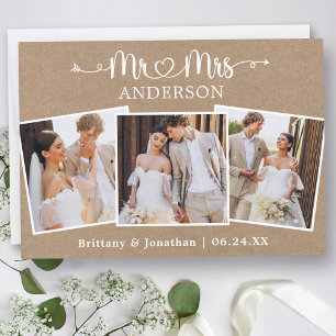 Calligraphy Heart Mr. Mrs. 3 Photos Wedding Kraft Thank You Card