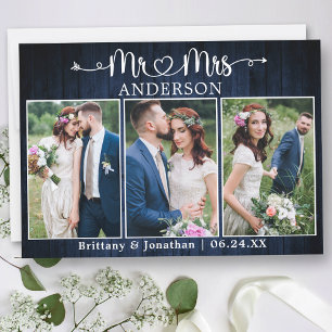 Calligraphy Heart Mr. Mrs. Blue Wood Wedding Thank You Card