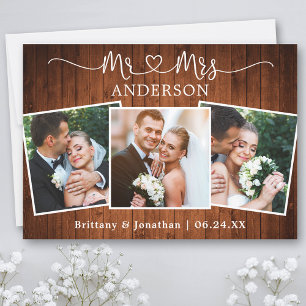 Calligraphy Heart Mr. Mrs. Wedding 3 Photos Wood Thank You Card