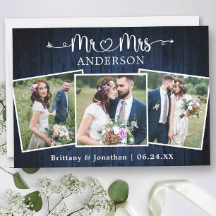 Calligraphy Heart Mr. Mrs. Wedding Blue Wood Thank You Card