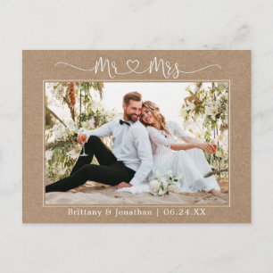 Calligraphy Heart Mr. Mrs. Wedding Kraft Thank You Postcard