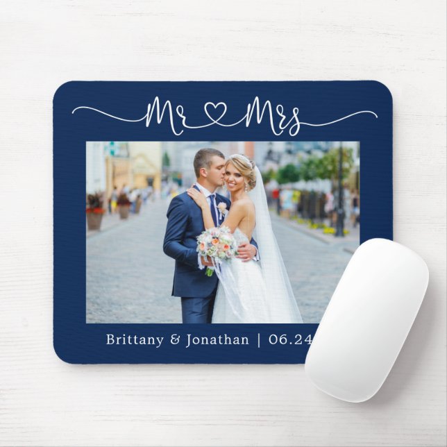 Calligraphy Heart Mr. Mrs. Wedding Navy Blue Mouse Pad (With Mouse)