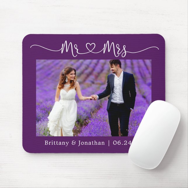 Calligraphy Heart Mr. Mrs. Wedding Purple Mouse Pad (With Mouse)