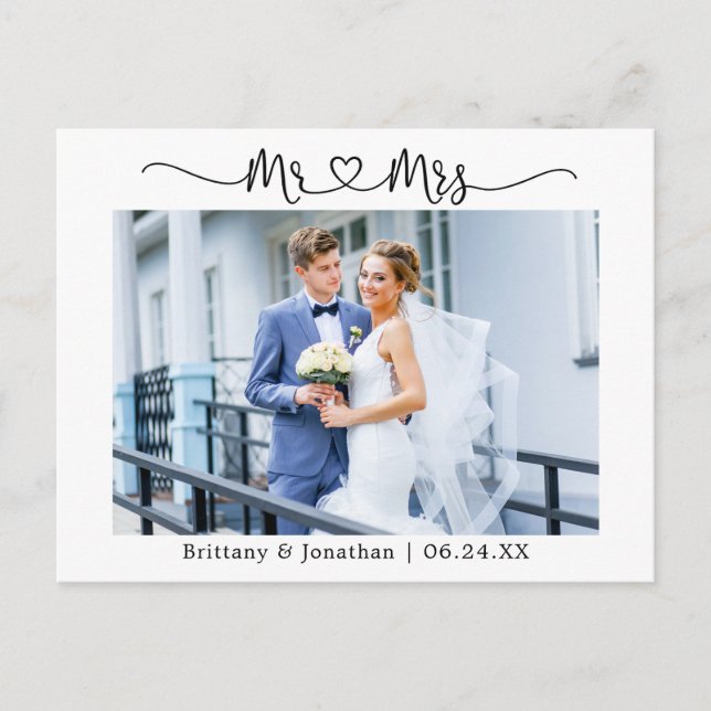 Calligraphy Heart Mr. Mrs. Wedding Thank You Photo Postcard (Front)