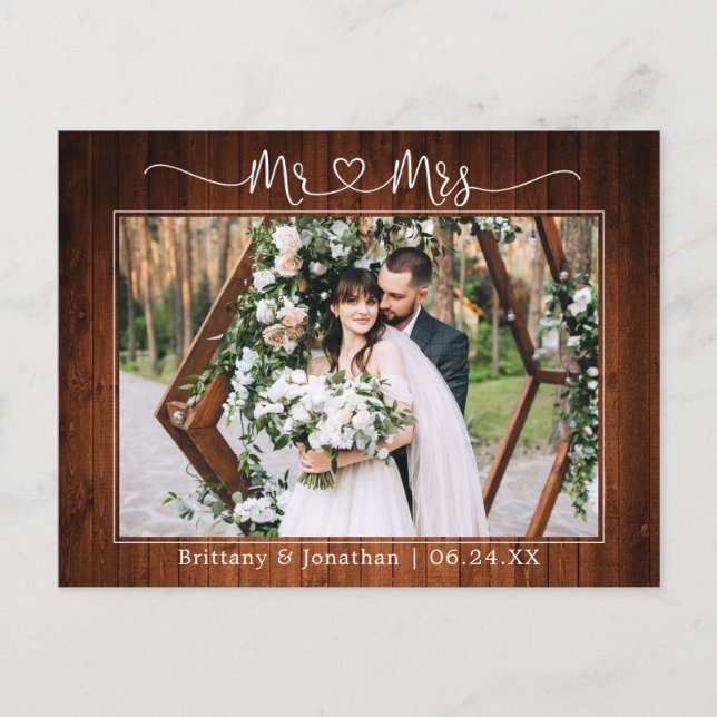 Calligraphy Heart Mr. Mrs. Wedding Wood Thank You Postcard (Front)