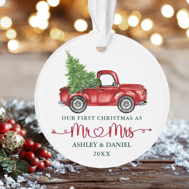 Calligraphy Heart Our First Christmas Red Truck Ornament (Calligraphy Script Heart Mr. & Mrs. Our First Christmas Vintage Truck Ornament)