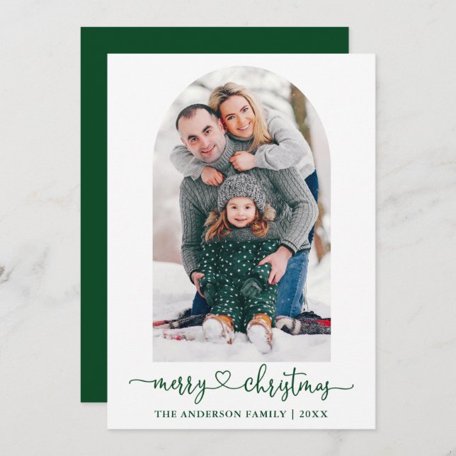 Calligraphy Heart Photo Arch Green Christmas Holiday Card (Front/Back)
