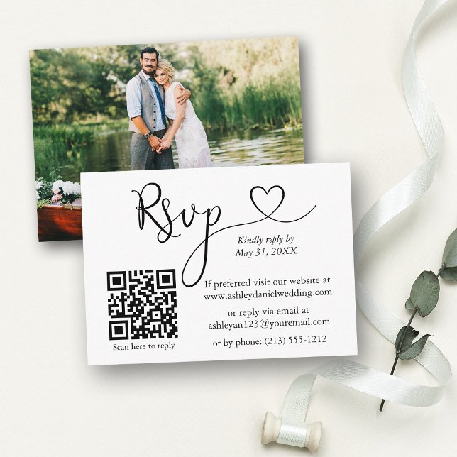 Calligraphy Heart Photo QR Wedding RSVP Enclosure Card (Customize to change your personalized text size or text style.)