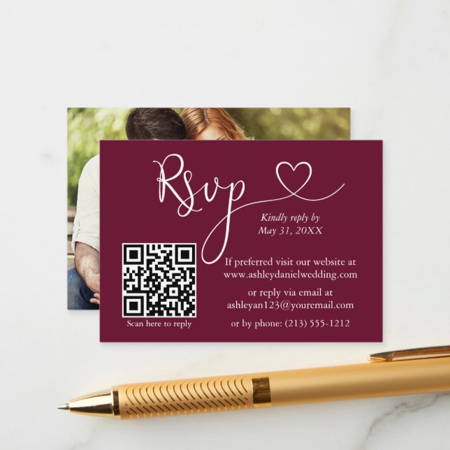 Calligraphy Heart Photo Wedding Burgundy QR RSVP Enclosure Card (Front/Back In Situ)