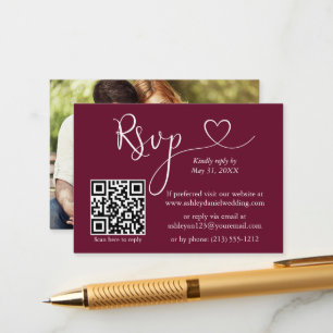 Calligraphy Heart Photo Wedding Burgundy QR RSVP Enclosure Card