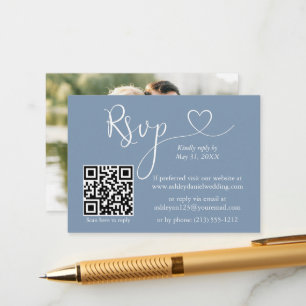 Calligraphy Heart Photo Wedding Dusty Blue QR RSVP Enclosure Card