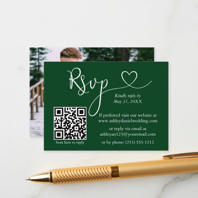 Calligraphy Heart Photo Wedding Green QR RSVP Enclosure Card (Front/Back In Situ)