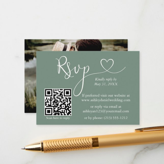 Calligraphy Heart Photo Wedding Sage Green QR RSVP Enclosure Card (Front/Back In Situ)
