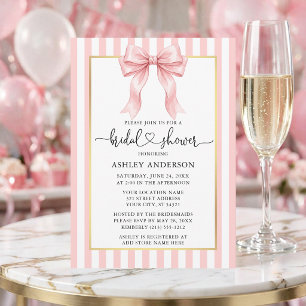 Calligraphy Heart Pink Bow Striped Bridal Shower Invitation