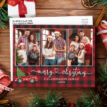 Calligraphy Heart Plaid 3 Photo Christmas Truck Postcard<br><div class="desc">Modern Calligraphy Heart Script 3 Photo Family Photo Collage Rustic Red Buffalo Plaid Merry Christmas Postcard - Watercolor Vintage Red Truck with Christmas Tree</div>