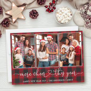 Calligraphy Heart Plaid More Cheer 3 Photo  Holiday Card