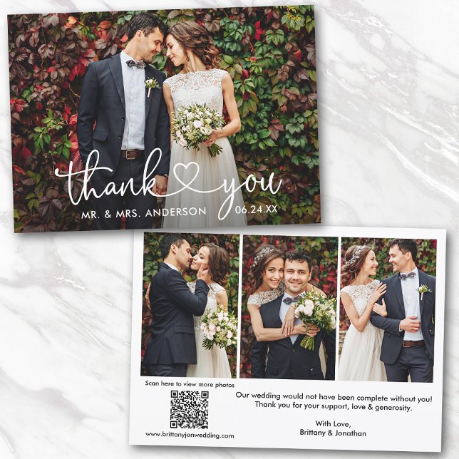 Calligraphy Heart QR Code 4 Photo Wedding Thank You Card (Add your wedding website link to the QR Code so guests can scan & view more of your photos online.)