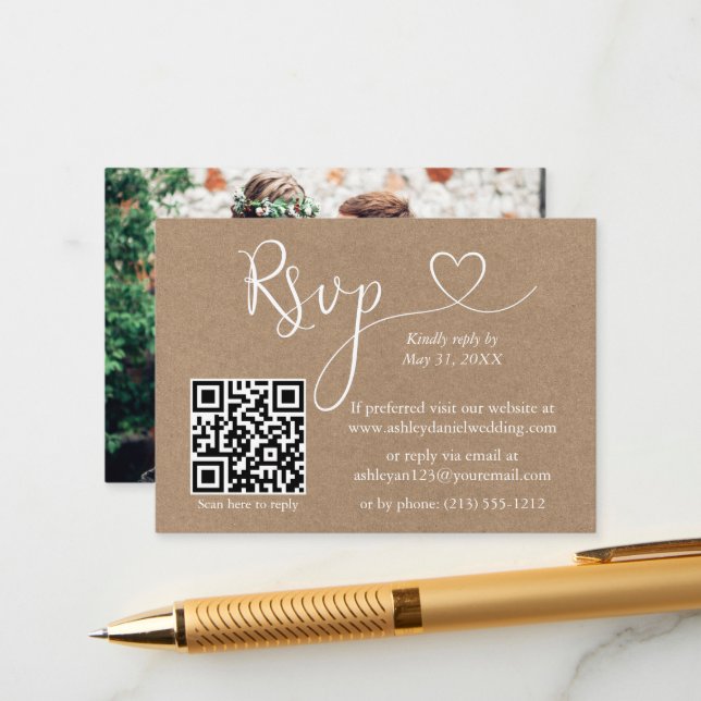 Calligraphy Heart QR Photo Kraft Wedding RSVP Enclosure Card (Front/Back In Situ)