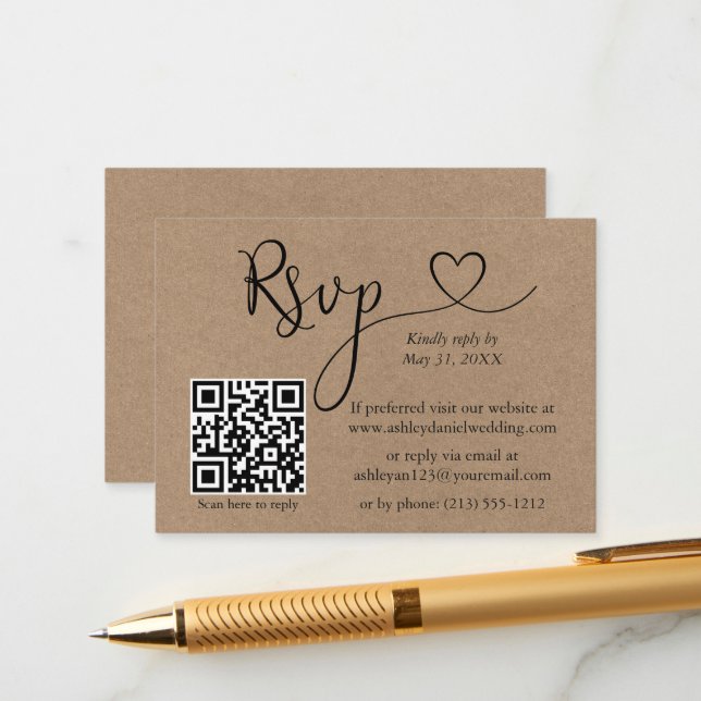 Calligraphy Heart QR Wedding Kraft RSVP Enclosure Card (Front/Back In Situ)